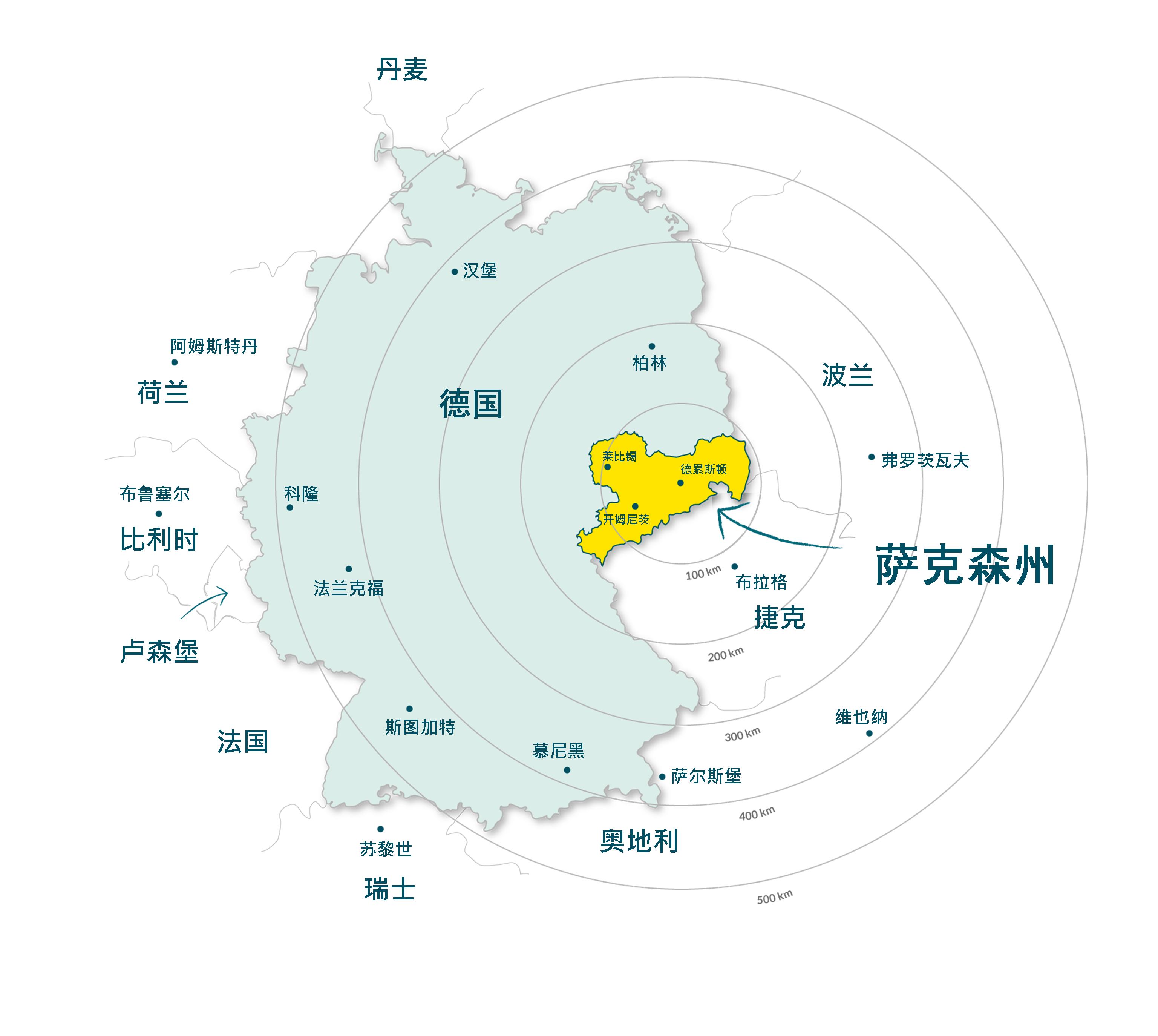 deutschlandkarte eng. Eine Karte von Deutschland mit einer farblichen Markierung des Bundeslandes Sachsen.